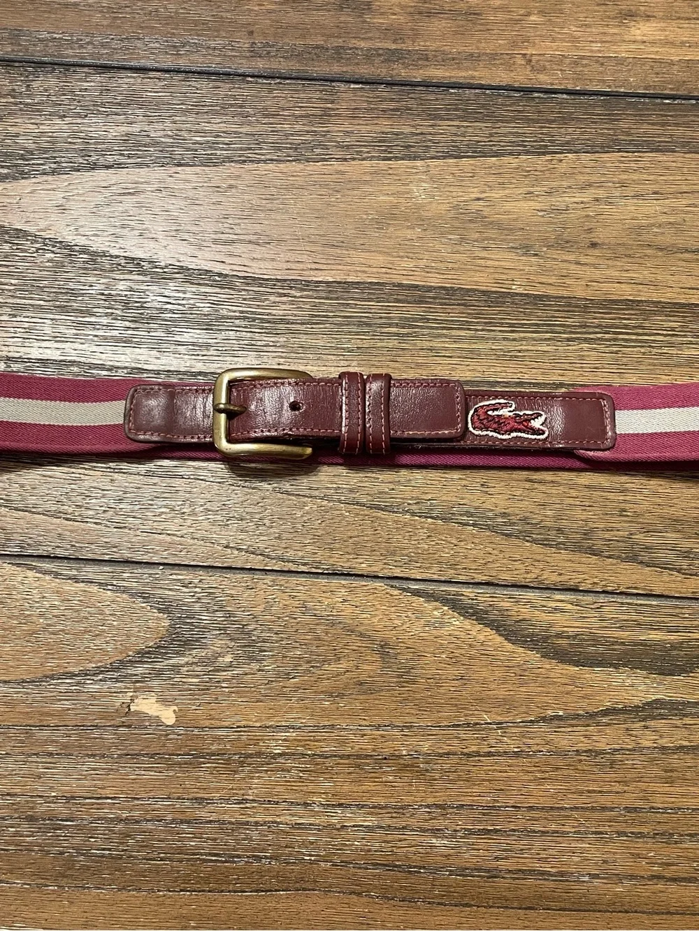 Vintage Lacoste Alligator Belt Men's Size 36/90 Brass Buckle Wine Khaki Stretch